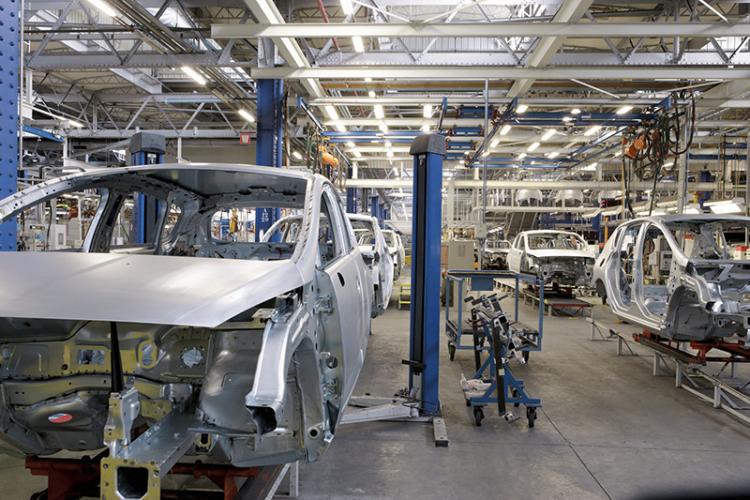 Car skeleton on assembly line